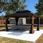 PURPLE LEAF 10' X 14' Hardtop Gazebo Outdoor Wood Grain Aluminum Frame Galvanized Steel Double Roof Gazebos with Netting and Curtains for Patio Deck Backyard Garden