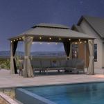 PURPLE LEAF 10' x 14' Outdoor Hardtop Gazebo, Champagne Aluminum Frame with Galvanized Steel Double Roof, Curtains and Netting for Patio Lawn and Garden