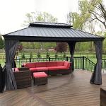 PURPLE LEAF 10' X 14' Permanent Hardtop Gazebo Aluminum Gazebo with Galvanized Steel Double Roof for Patio Lawn and Garden, Curtains and Netting Included, Grey