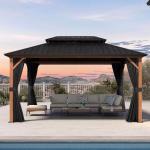 PURPLE LEAF 10' X 14' Hardtop Gazebo Outdoor Wood Grain Aluminum Frame Galvanized Steel Double Roof Gazebos with Netting and Curtains for Patio Deck Backyard Garden