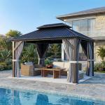 BETISEF 10'x12' Gazebo Hardtop Gazebo, Aluminum Pergola with Double Galvanized Steel Roof, Permanent Outdoor Metal Canopy with Curtain and Netting for Patio, Backyard, Deck,Grey