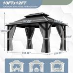 BETISEF 10'x12' Gazebo Hardtop Gazebo, Aluminum Pergola with Double Galvanized Steel Roof, Permanent Outdoor Metal Canopy with Curtain and Netting for Patio, Backyard, Deck,Grey