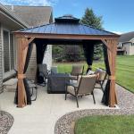 PURPLE LEAF 10' X 12' Outdoor Hardtop Gazebo for Patio Galvanized Steel Double Roof Permanent Canopy Teak Finish Coated Aluminum Frame Pavilion Gazebo with Netting and Curtains