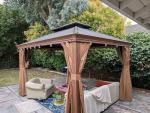 PURPLE LEAF 10' X 12' Outdoor Hardtop Gazebo for Patio Galvanized Steel Double Roof Permanent Canopy Teak Finish Coated Aluminum Frame Pavilion Gazebo with Netting and Curtains
