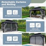 BETISEF 10'x12' Gazebo Hardtop Gazebo, Aluminum Pergola with Double Galvanized Steel Roof, Permanent Outdoor Metal Canopy with Curtain and Netting for Patio, Backyard, Deck,Grey