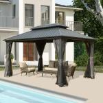 Domi 10x14FT Hardtop Gazebos, Aluminum Metal Gazebo with Galvanized Steel Double Roof Canopy, Curtain and Netting, Permanent Gazebo Pavilion for Patio, Backyard, Deck and Lawn, Grey