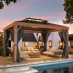 YOLENY 10'x13' Hardtop Gazebo, Galvanized Steel Double Roof with Wood Grain Aluminum Frame,Outdoor Gazebo with Curtains and Nettings for Patio, Backyard and Deck