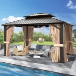 SOLUMIA 10’x12’ Hardtop Gazebo, Galvanized Steel Double Roof Canopy with Aluminum Frame, Outdoor Pavilion with Nettings and Curtains