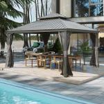 SHPAI 10’ x 12’ Hardtop Gazebo, Outdoor Aluminum Gazebo with Galvanized Steel Double Roof Canopy, Outdoor Permanent Metal Pavilion with Curtains and Netting for Patio, Backyard and Lawn, Dark Grey