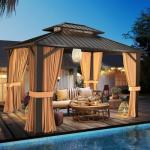 SOLUMIA 10’x12’ Hardtop Gazebo, Galvanized Steel Double Roof Canopy with Aluminum Frame, Outdoor Pavilion with Nettings and Curtains