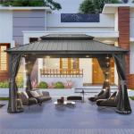 SHPAI 10’ x 12’ Hardtop Gazebo, Outdoor Aluminum Gazebo with Galvanized Steel Double Roof Canopy, Outdoor Permanent Metal Pavilion with Curtains and Netting for Patio, Backyard and Lawn, Dark Grey