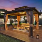 EROMMY 10' x 12' Hardtop Gazebo, Aluminum Frame Gazebos with Galvanized Steel Double Roof, Permanent Outdoor Metal Pavilion with Curtain and Netting for Patio, Lawn, Deck