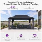 PURPLE LEAF 10' X 16' Permanent Hardtop Gazebo Aluminum Frame with Galvanized Steel Double Vented Roof Includes Removable Netting and Curtains with Hooks for Garden Patio Lawns Grey