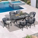 PURPLE LEAF 7 Pieces Outdoor Dining Set All Weather Wicker Patio Dining Set with Rectangular Aluminum Table and Modern Armrest Dining Chairs for Garden Deck Backyard Kitchen, Grey