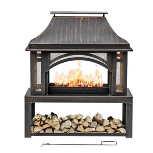 39" Outdoor Fire Pit with Wood Storage & Screen