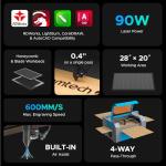 OMTech 90W CO2 Laser Engraver with Water Chiller & LightBurn, 28"x20" Cutting & Engraving Machine with Air Assist, 4-Way Pass, Caster Wheels, RDWorks, for Wood, Glass, Acrylic & More