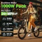 Electric Bike for Adults - 1000W Peak Motor Ebike with 48V 15Ah Removable Battery, 20" Fat Tire | 7-Speed | Step-Thru Commuter Electric Bike, 24 MPH Max Speed | 70 Miles Range | Adult Electric Bicycle