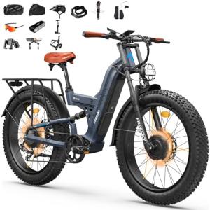 FREESKY 4000W Dual Motor Electric Bike for Adults, 48V 30AH Battery 120Miles Range, 40+MPH AWD Fast E-Bike, 26" Fat Tire Full Suspension Off-Road Mountain E Bike, Blue Grey, with Cycling Kits