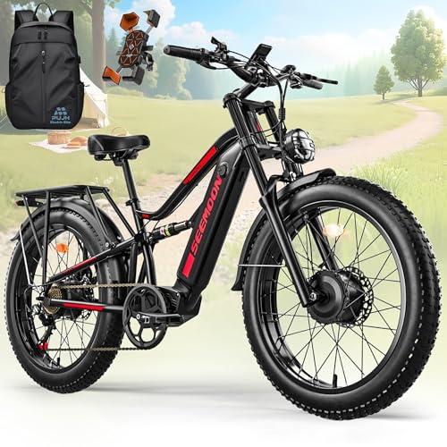 Seemoon Electric Bike for Adults, 52V 20Ah 26" Fat Tire Fast Ebike, up to 100 Miles, Hydraulic Brakes, Off-Road Mountain Hunting AWD Ebike for Men (Black)