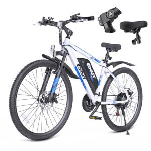 QNUT 350W Full Aluminum Electric Bike for Adults & Teens, Upgraded Adjustable Handlebars, 21-Speed 26" Commuter E-Bike with Dual Disc Brakes, 40-Mile Range, Mountain Bike for Men/Women (Blue-White)
