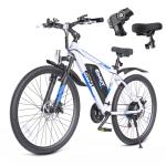QNUT 350W Full Aluminum Electric Bike for Adults & Teens, Upgraded Adjustable Handlebars, 21-Speed 26" Commuter E-Bike with Dual Disc Brakes, 40-Mile Range, Mountain Bike for Men/Women (Blue-White)