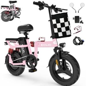 Folding Electric Bike, Peak 800W Motor 25MPH,48V 14Ah Removable Battery 55Miles Ebike,14'' Lightweight Adults Electric Bicycles for Men/Women/Teens,Mini E-Bike,Full Suspension (M1-Pink-800W-14Ah)