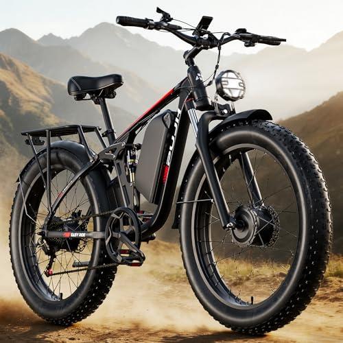 PUJH 4000W Dual Motor Ebike with 52V 25Ah Removable Battery for Adults,Max Speed 38MPH Up to 100 Miles,24" Fat Tire Electric Bike for Snow Off-Road Commuter Mountain E-Bike for Men (Black-red)