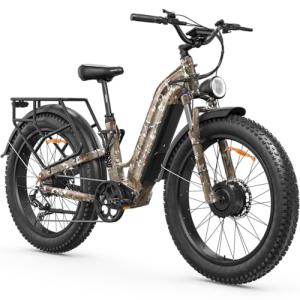 FREESKY Dual Motor Electric Bike for Adults 3500W Fast Ebike 105Miles Long Range 48V 25A Electric Mountain Bike 34MPH Dirt E Bike 26'' Fat Tire Full Suspension Camo