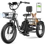 Electric Tricycle for Adults with Large Baskets, 1500W Motor 48V 15.6Ah Battery, Fat Tire Electric Bike with Differential, Smart APP, GPS Location (iOS Compatible), Front Suspension, Adjustable Seat