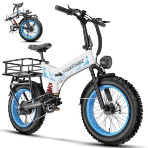 1500W Folding Electric Bike for Adults,52V 20Ah Removable Battery Ebike with 30+MPH 70 Miles Max,20"x4.0 Fat Tire E-bike, Foldable Dual Suspension Electric bicycle for Commute,Mountain-Blue+Basket