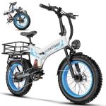 1500W Folding Electric Bike for Adults,52V 20Ah Removable Battery Ebike with 30+MPH 70 Miles Max,20"x4.0 Fat Tire E-bike, Foldable Dual Suspension Electric bicycle for Commute,Mountain-Blue+Basket