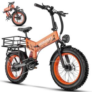 1500W Folding Electric Bike for Adults,52V 20Ah Removable Battery Ebike with 30+MPH 70 Miles Max,20"x4.0 Fat Tire E-bike, Foldable Dual Suspension Electric bicycle for Commute,Mountain-Orange+Basket