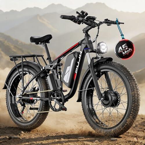 PUJH 6000W Dual Motor Ebike for Adults 60V Fast Electric Bike for Men Women 45 MPH,Up to 100 Miles,24" Fat Tire Suspension Electric Bike for Snow Off-Road Commuter Mountain E-Bike PU364 (Black)
