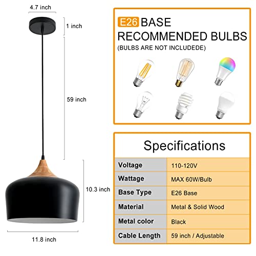 Black Industrial Pendant Light with Adjustable Wood Shade