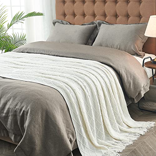 Cozy Off-White Knitted Throw Blanket with Tassels