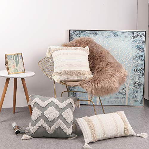 Cream Tufted Pillow Cover with Tassels, 12 x 20 cm