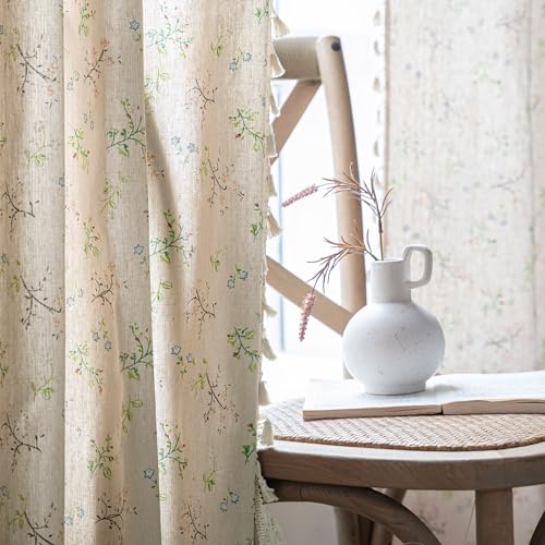 Beige Floral Semi-Blackout Tassel Window Curtain