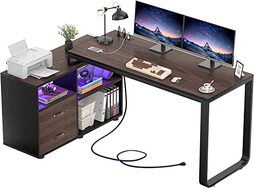 L-Shaped Computer Desk with Storage and LED