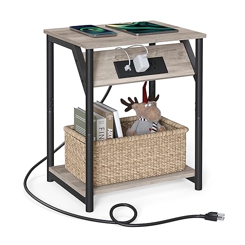 VASAGLE Side Table with Charging Station and Storage