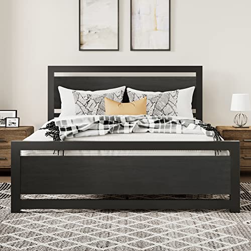 MERRLAND Queen Bed Frame with Wood Headboard, Black