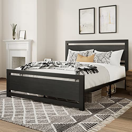 MERRLAND Queen Bed Frame with Wood Headboard, Black