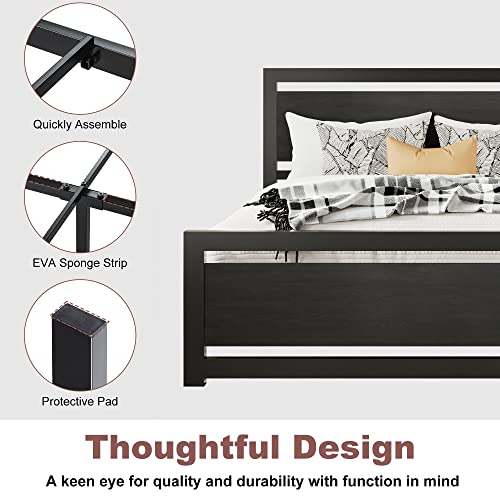 MERRLAND Queen Bed Frame with Wood Headboard, Black