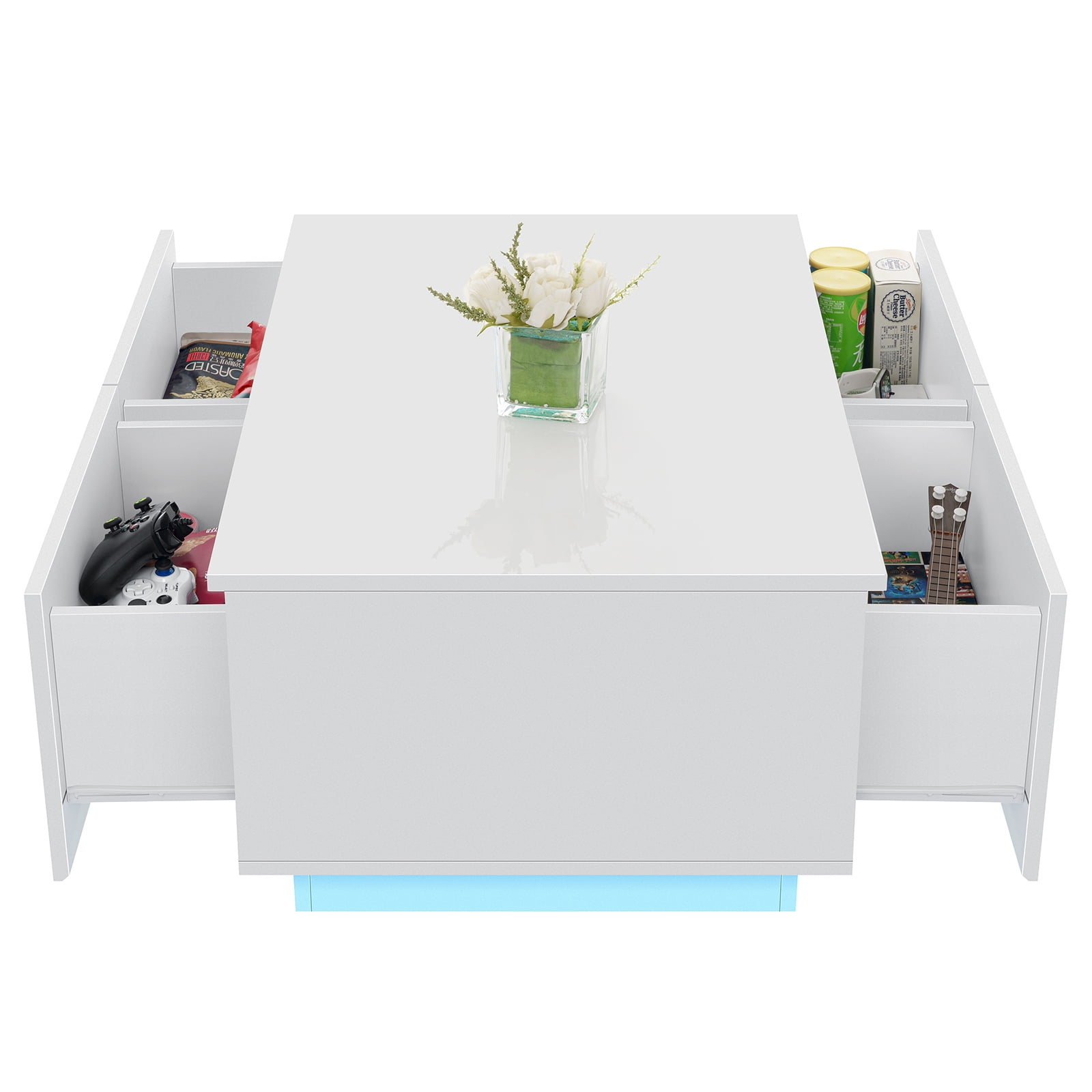 LED Coffee Table with 4 Drawers in White