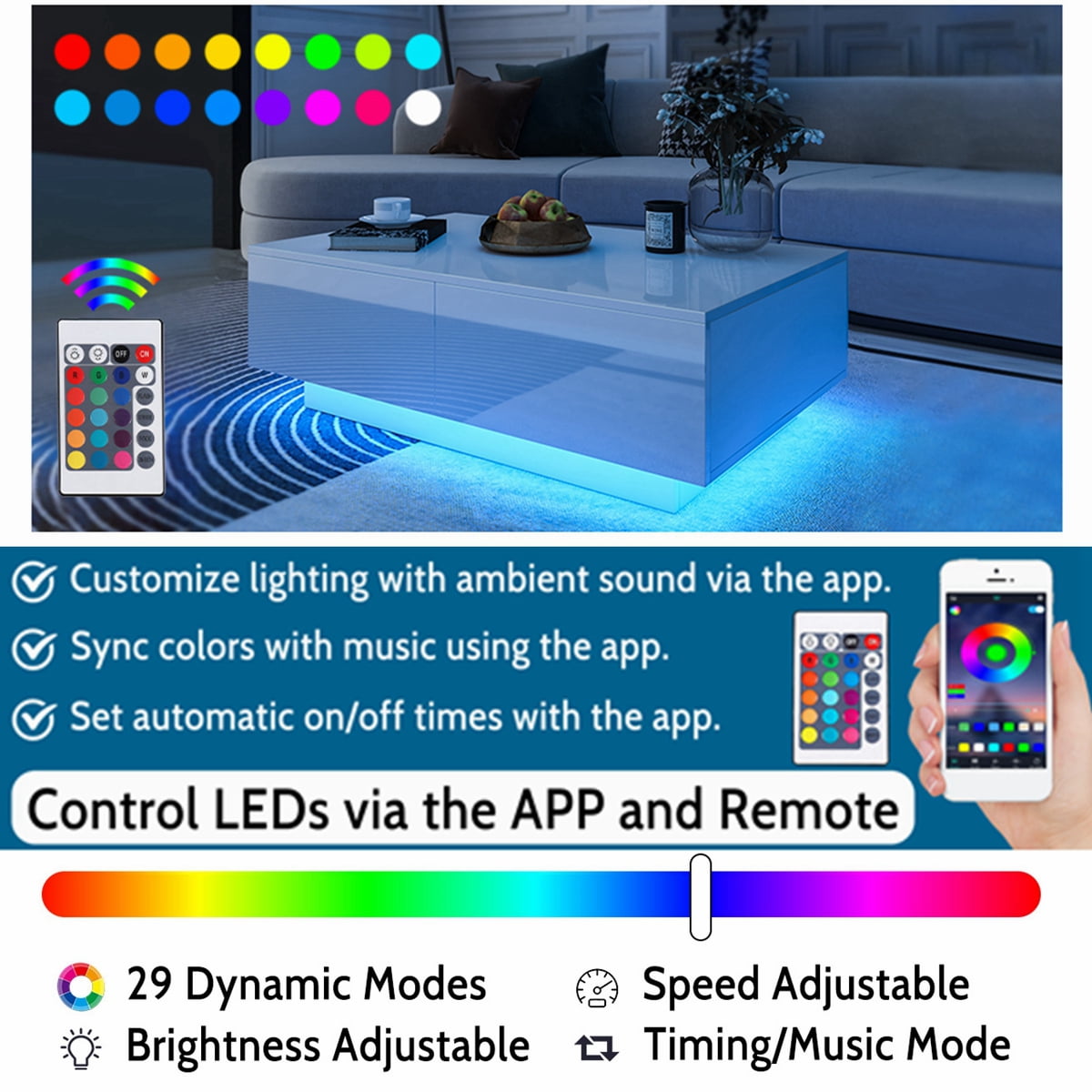 LED Coffee Table with 4 Drawers in White
