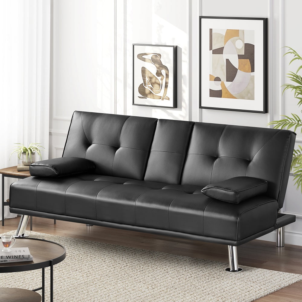 Modern Faux Leather Futon Sofa Bed with Cup Holder