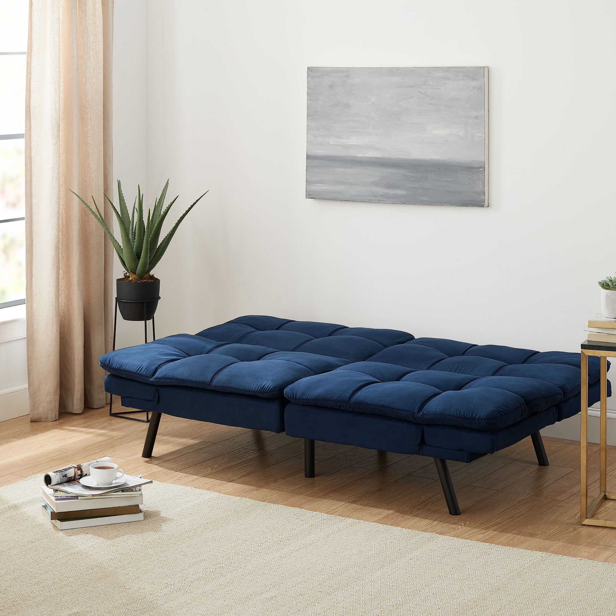 Blue Faux Suede Memory Foam Futon Sofa