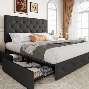 Dark Grey Upholstered Queen Platform Bed Frame