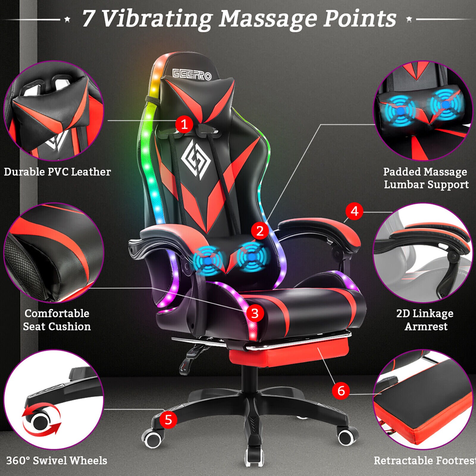 Hoffree Ergonomic Gaming Chair with Massage and LED Lights