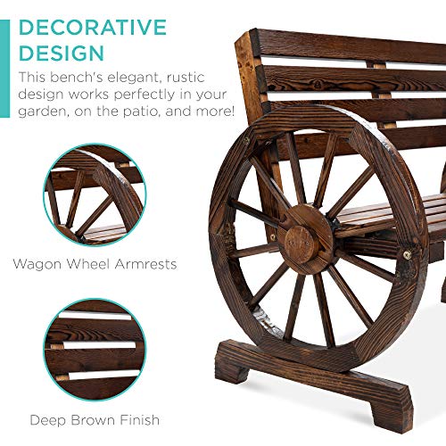 Rustic Wooden Garden Bench with Wagon Wheel Design