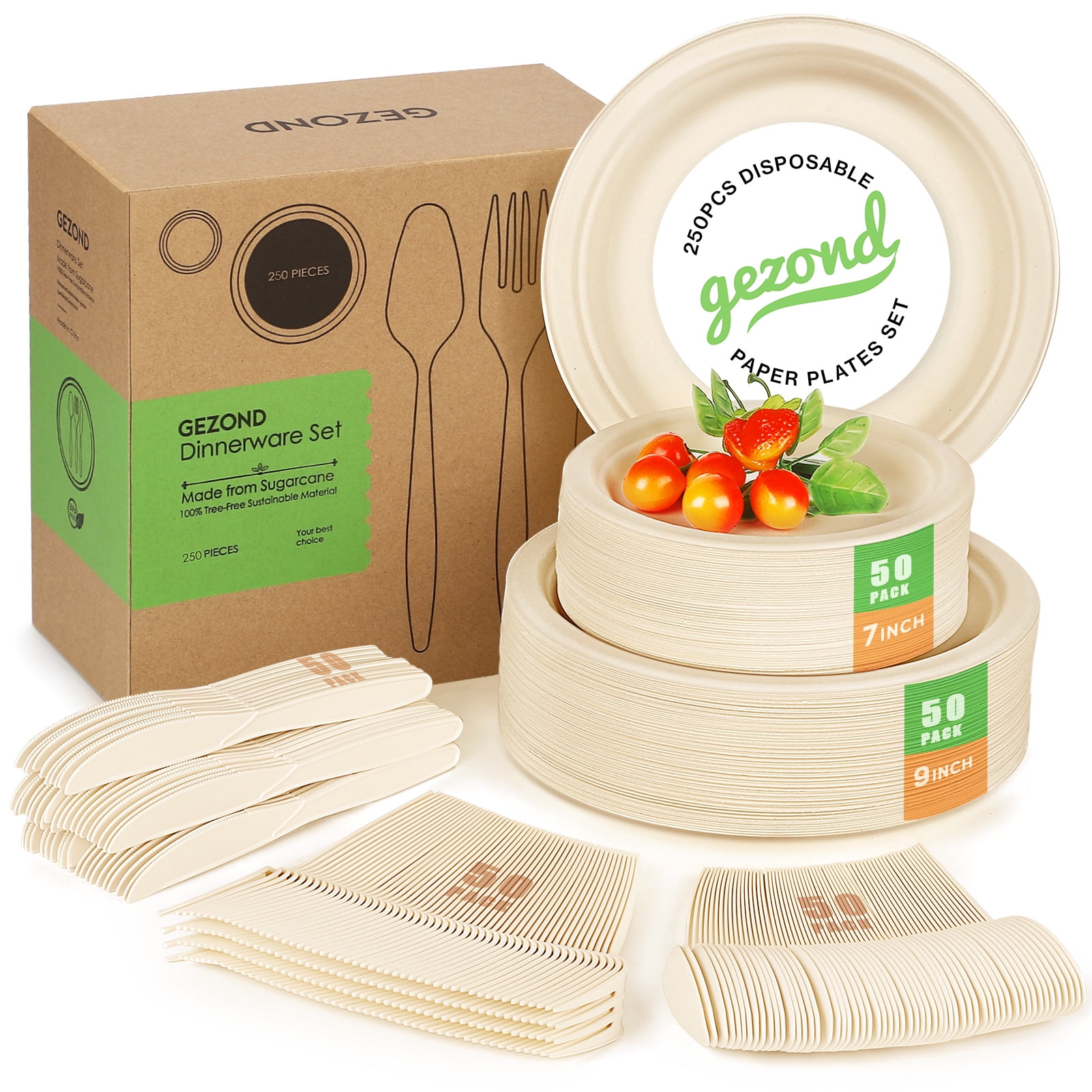 250-Piece Compostable Paper Plates and Utensils Set
